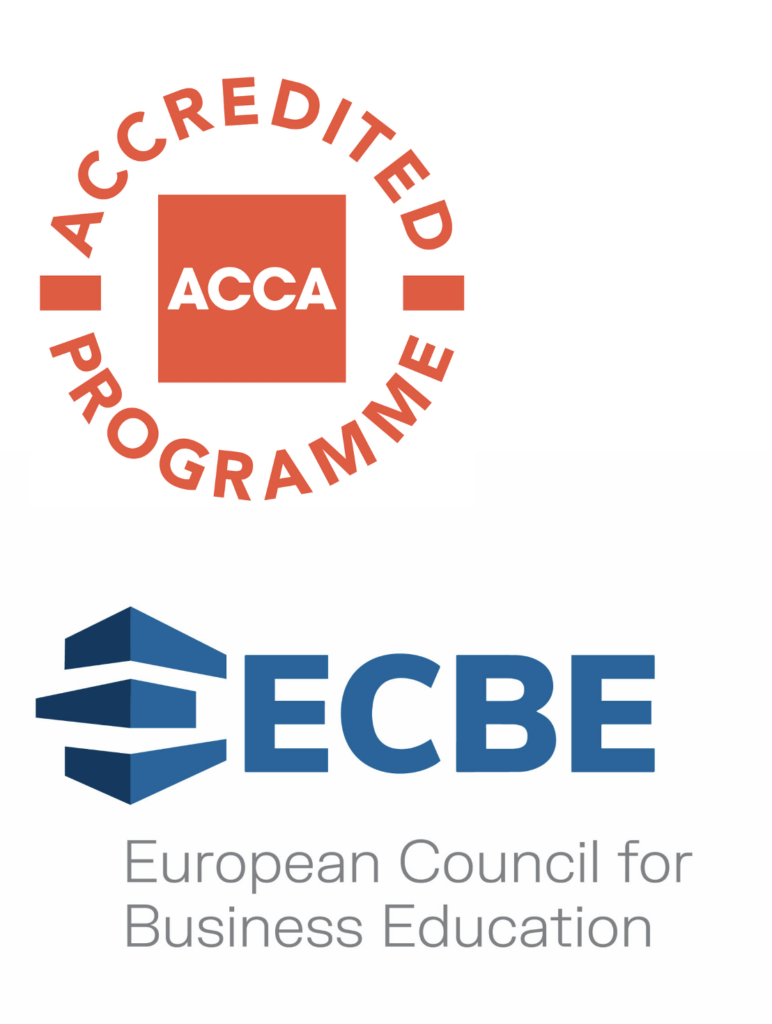 ACCA and ECBE accreditation logos for the University of Technology Bahrain's BSc Accounting and Finance programme, highlighting internationally recognised academic and professional quality standards